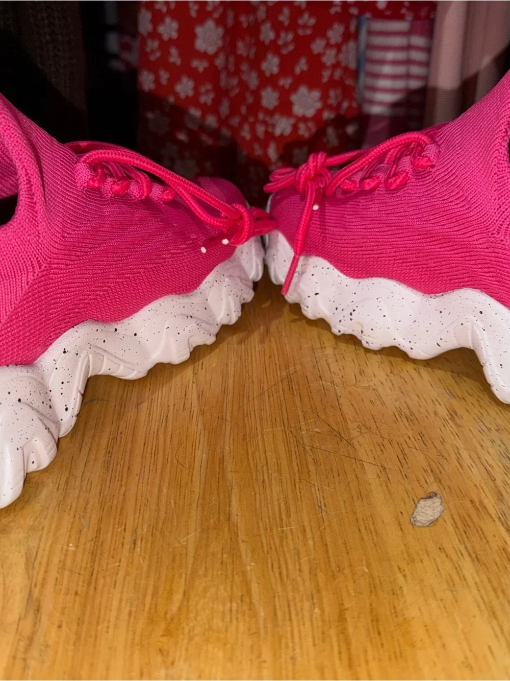 Hot Pink Knit Slip-On Athletic Sneakers with Cushioned White Speckled Sole